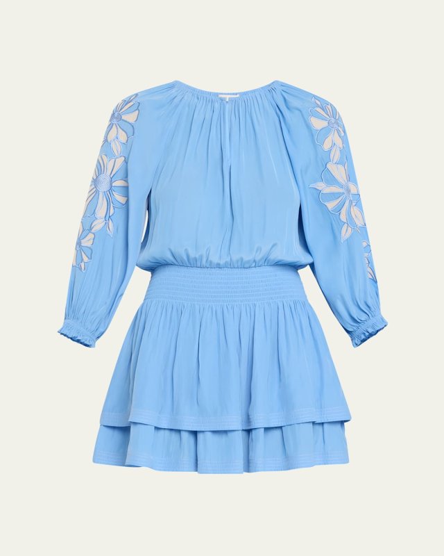 Devorah Floral Embroidered Balloon-Sleeve Mini Dress